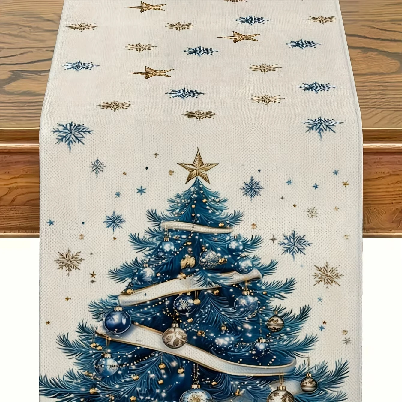 1pc Christmas Tree Linen Table Runner, 2D Print Blue Gold Design Decor, All-Season for Holiday Table, Kitchen & Living Room