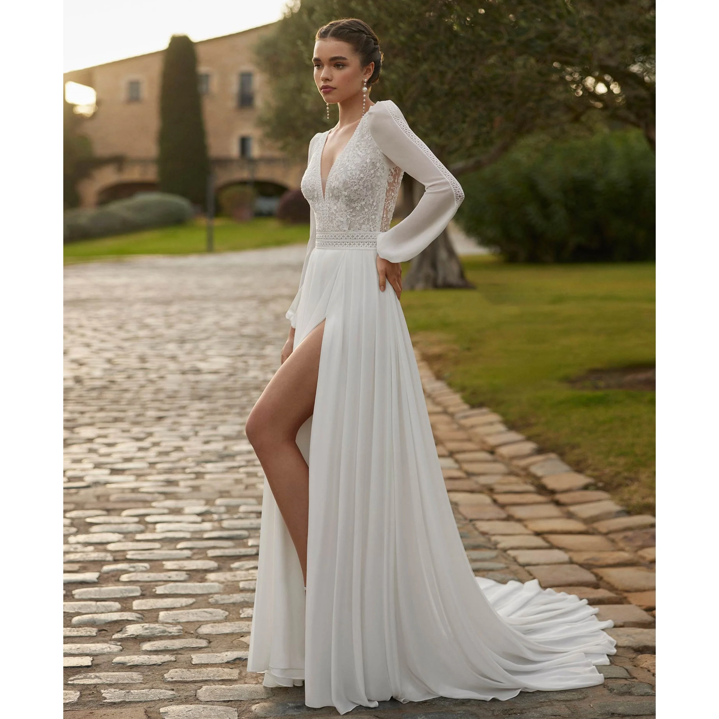 

Boho Wedding Dress for Women A Line V Neck Bridal Gowns with Lace Appliques Customized High Slit Chiffon Robes de Soriee