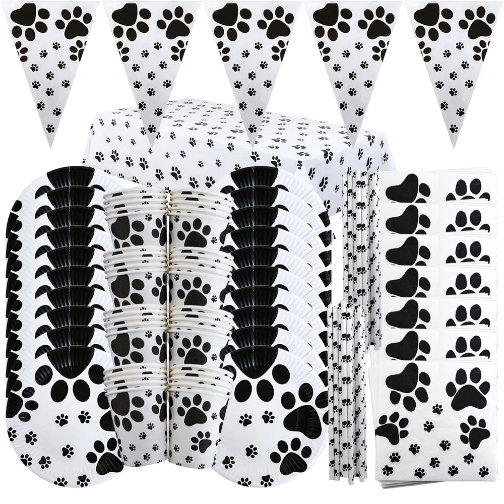 Dog Paw Black Theme Birthday Party Disposable Tableware Set Pet Dog Party Decoration Paper Cup Plate Napkin Baby Shower Supplies