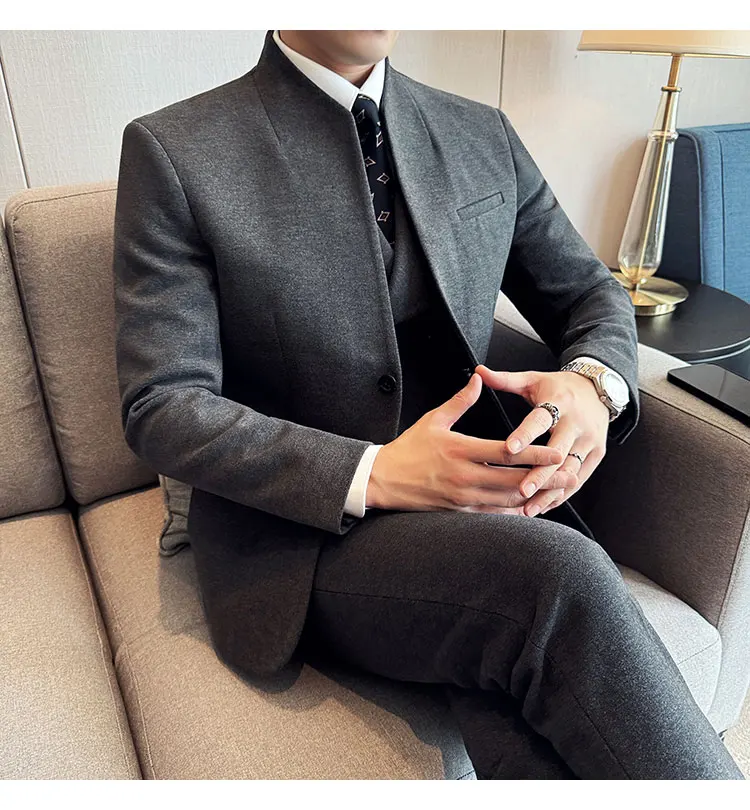 Business Men Suits 3 Pieces Full Suit Dress Chinese Stand Collar Korean Style Slim Fit Tuxedo Man Set Luxury Clothes Boyfriend