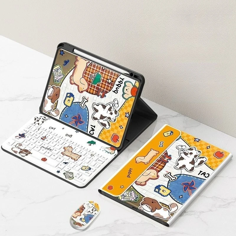 Cartoon Animal Print Xiaomi Pad Case with Detachable Bluetooth Keyboard & Mouse For 5/6S Pro 12.4in 7 Pro 11.2in Redmi Pad SE 11