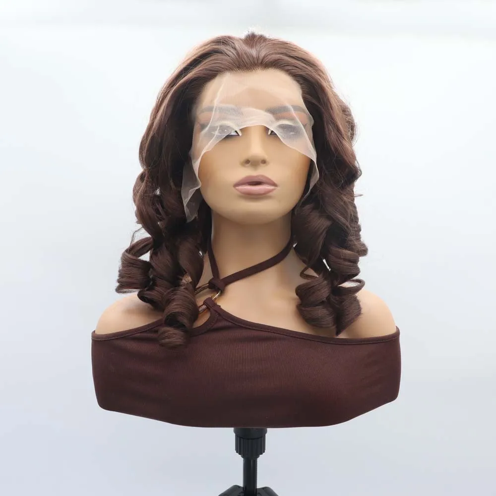 Sylvia 6#Color Synthetic Brown Lace Front Wigs For Eomen Hair Heat Resistant Fiber Curly Wigs