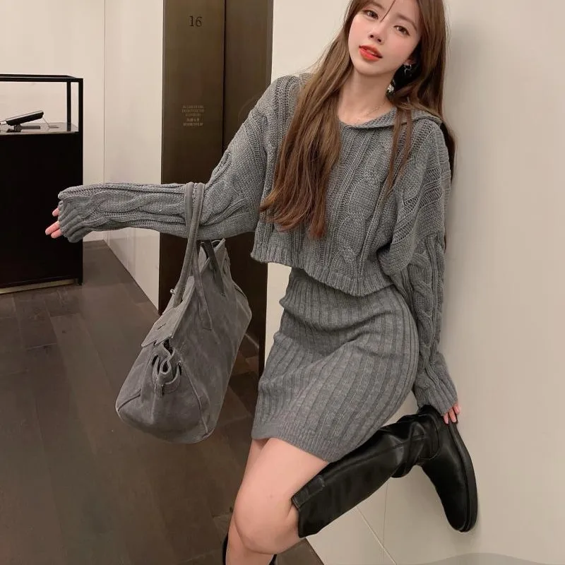 Spring Autumn 2025 Women's Knitted Hat Sweater Thiened Long Sve Pure Color f Skirt Set Retro Trendy Elastic Bodycon