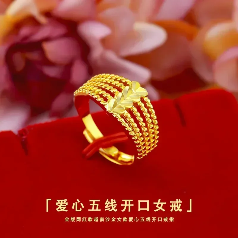 

9999 Real Gold 24K Women's Ring, Love Five-Line Open Women's Ring, Live Peach Heart Ring
