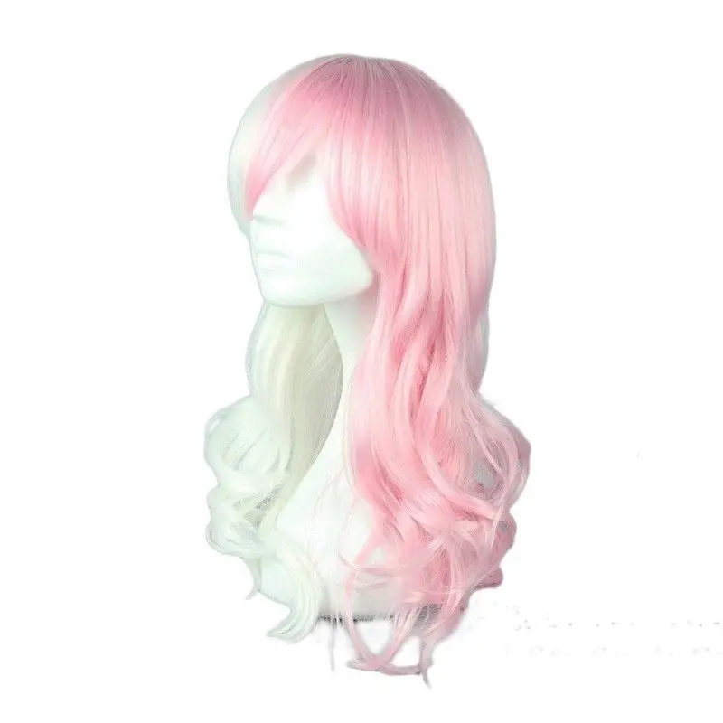 New Women Long Green Pink Wig Full Wavy Fashion Natural Curly Hair Wigs