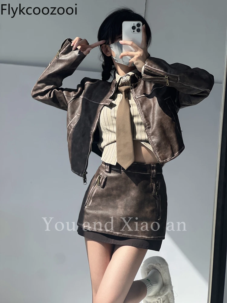 Hot Girls Wear Balm-rubbed Old-style PU Leather Skirt with A High-waisted Autumn and Winter Retro Hip-covering A-line Skirt