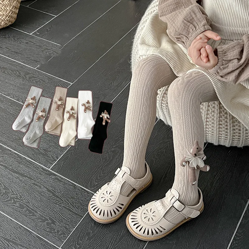 Children Cotton Tights Girls Cute Bear Bowknot Pantyhose Infant Newborn Stockings Kids Spring Autumn Casual Pants Knit Leggings