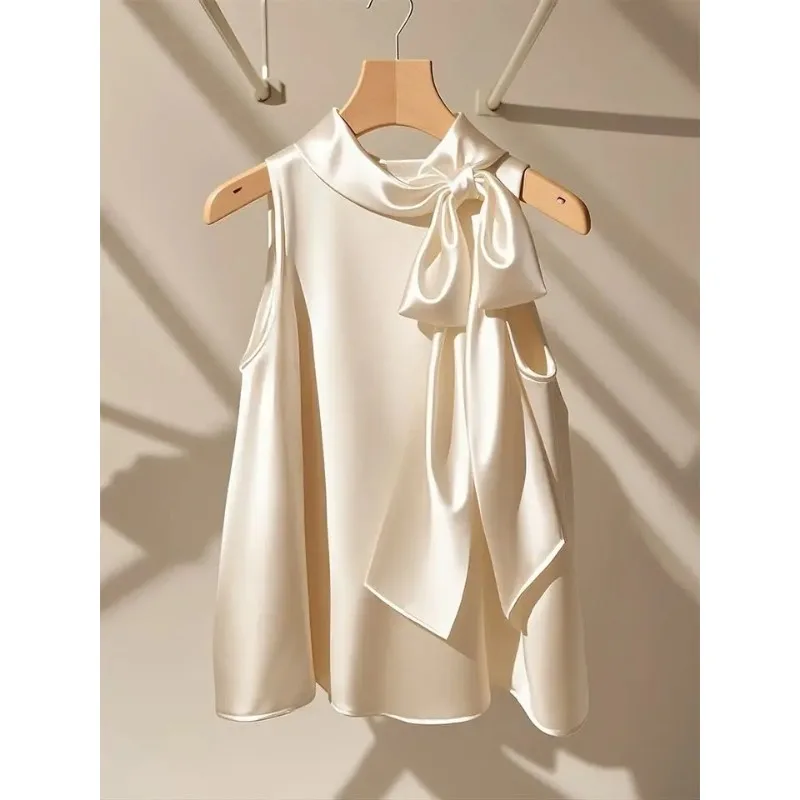 Korean Fashion High end Unique Champagne White Hanging Neck Blouses Women Light Mature French Bow Sleeveless Shirts for Women