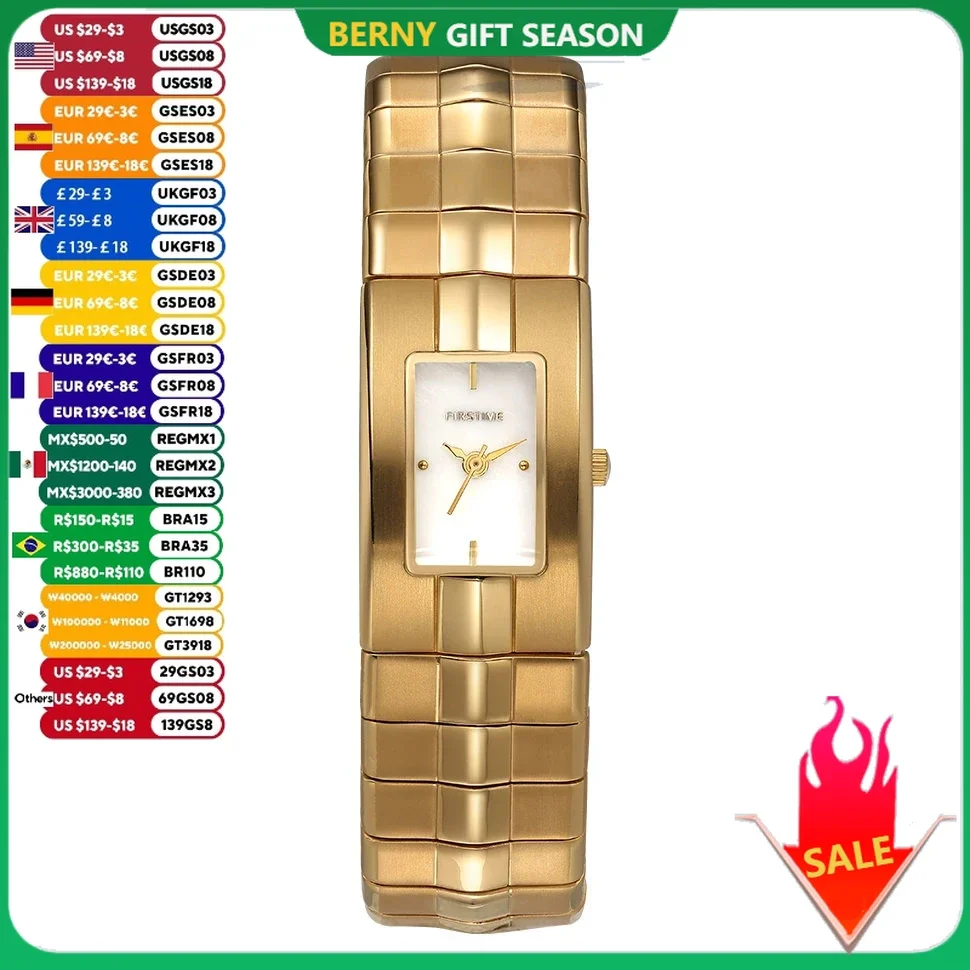 BERNY Golden Women\'s watches Elegant Rectangle Titanium Ladies Quartz Wristwatch Miyota 5Y20 Small Dial Gold Lightweight Watch