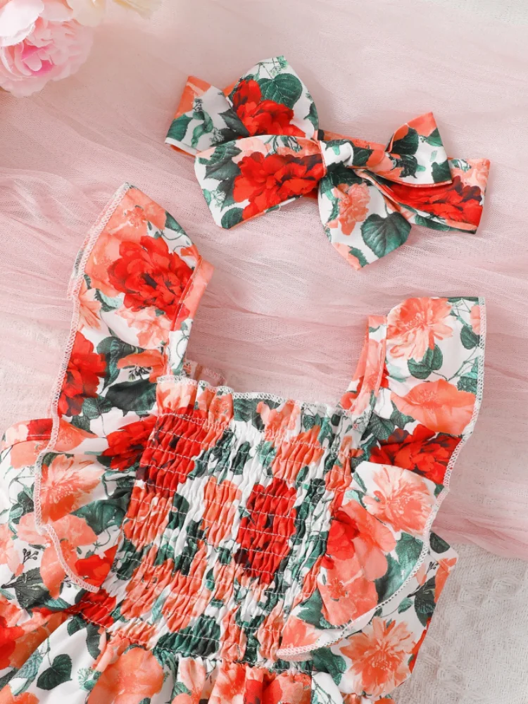 0-2 Year Old Baby Girl Summer Fashion Print Wrap Up Dress With Headwear