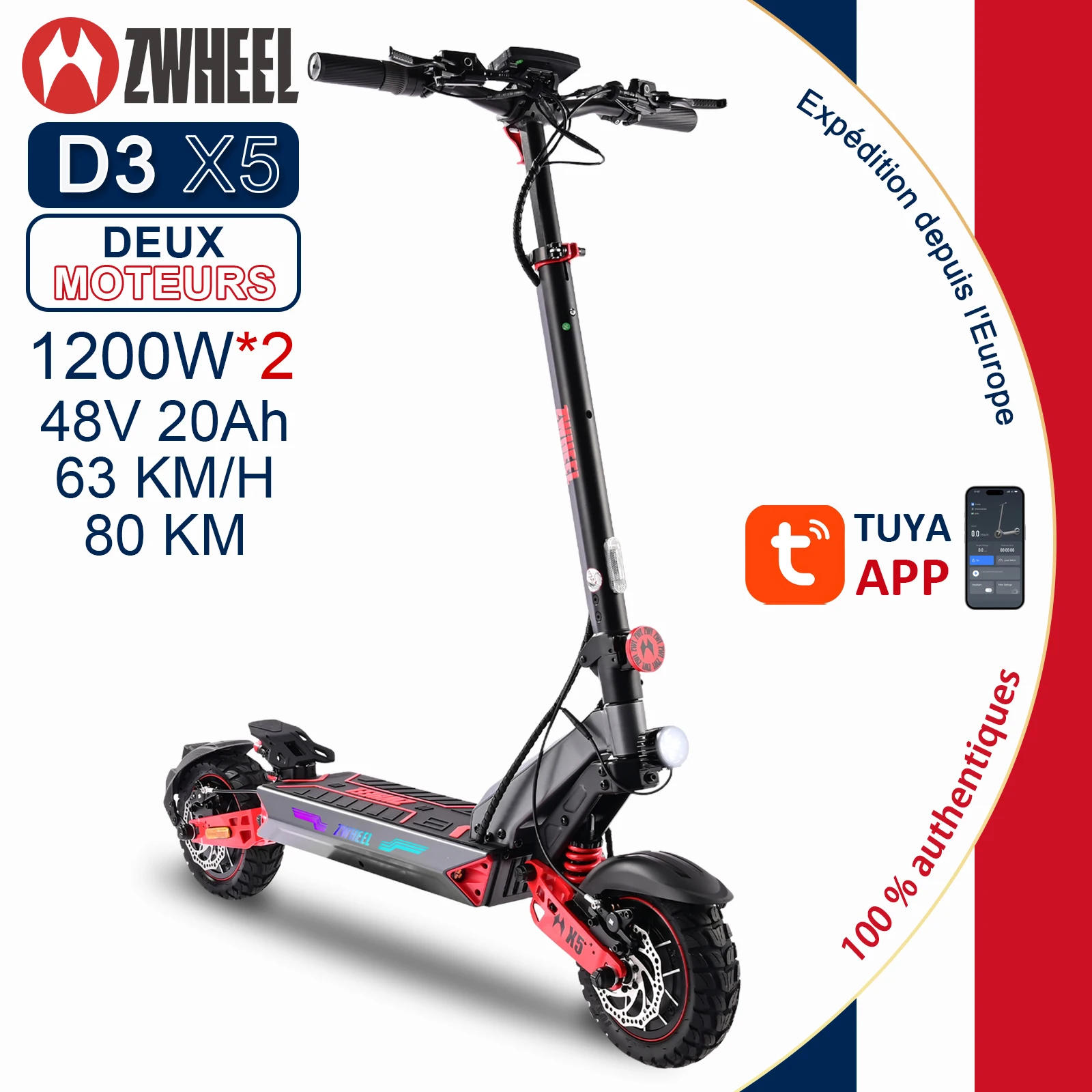 Image of ZWHEEL D3 X5, E-Scooter für Erwachsene, 2400W Peak-Doppelmotor, 48V Akku, 80 km Reichweite, Hydraulikbremsen, Federung, 10 Zoll Offroad-Reifen, Tempomat, Antirutsch-Griffe, Blinker,