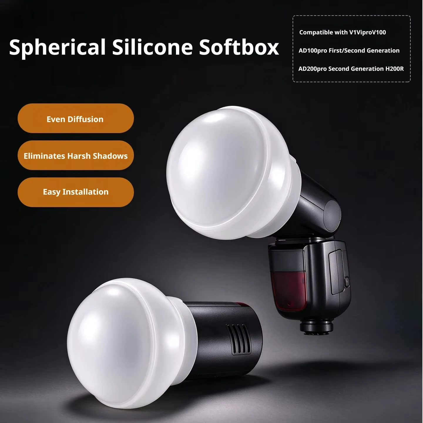 AK-R22 Silicone Soft Ball Diffuser for V1 V1mid V1pro V100 Round Head Flash, AD100pro & H200R AD200PRO II Round Head Speedlite