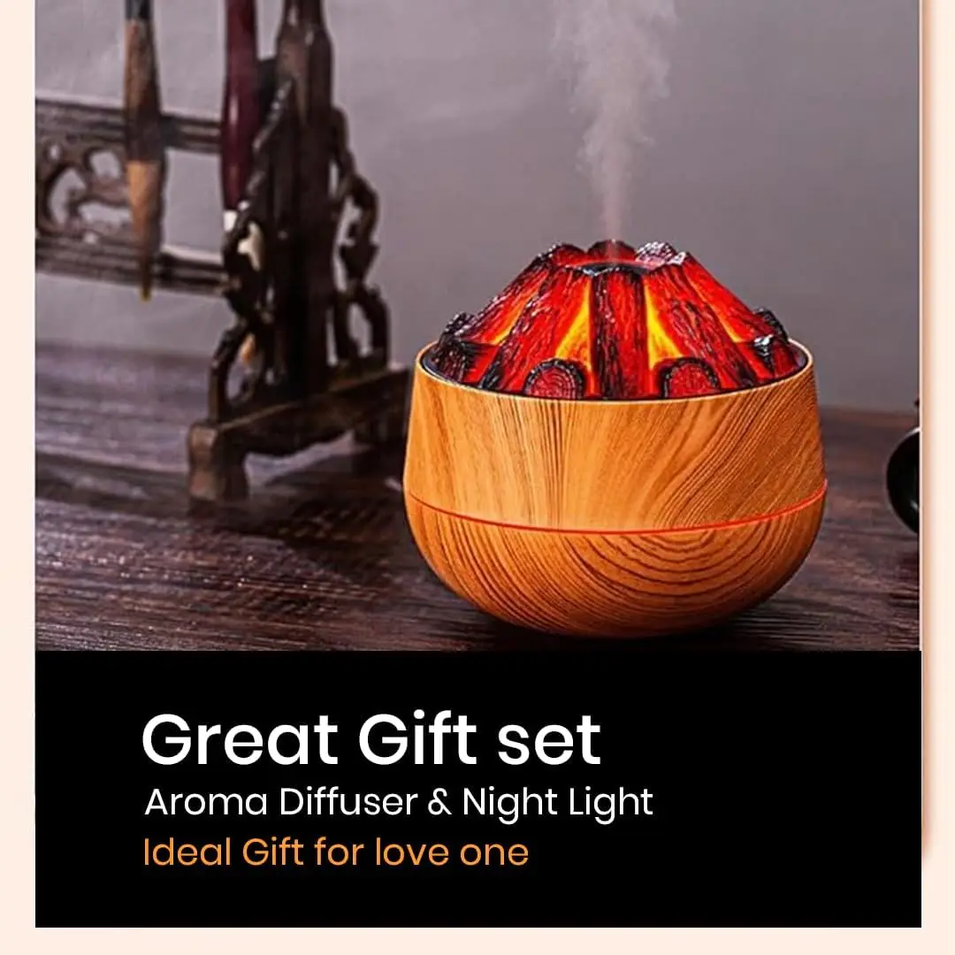 Mini Volcano Mist Diffuser | Charcoal Fire Humidifier with Flame LED | Oil Diffuser Moisture | 300ml Cool Mist Air Freshener