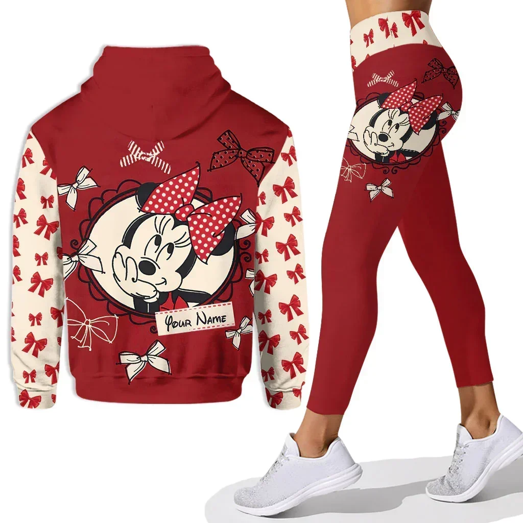 Disney-Conjunto feminino com capuz e leggings 3D Mickey Mouse, calça minnie yoga, moletom personalizado, terno esportivo, moda