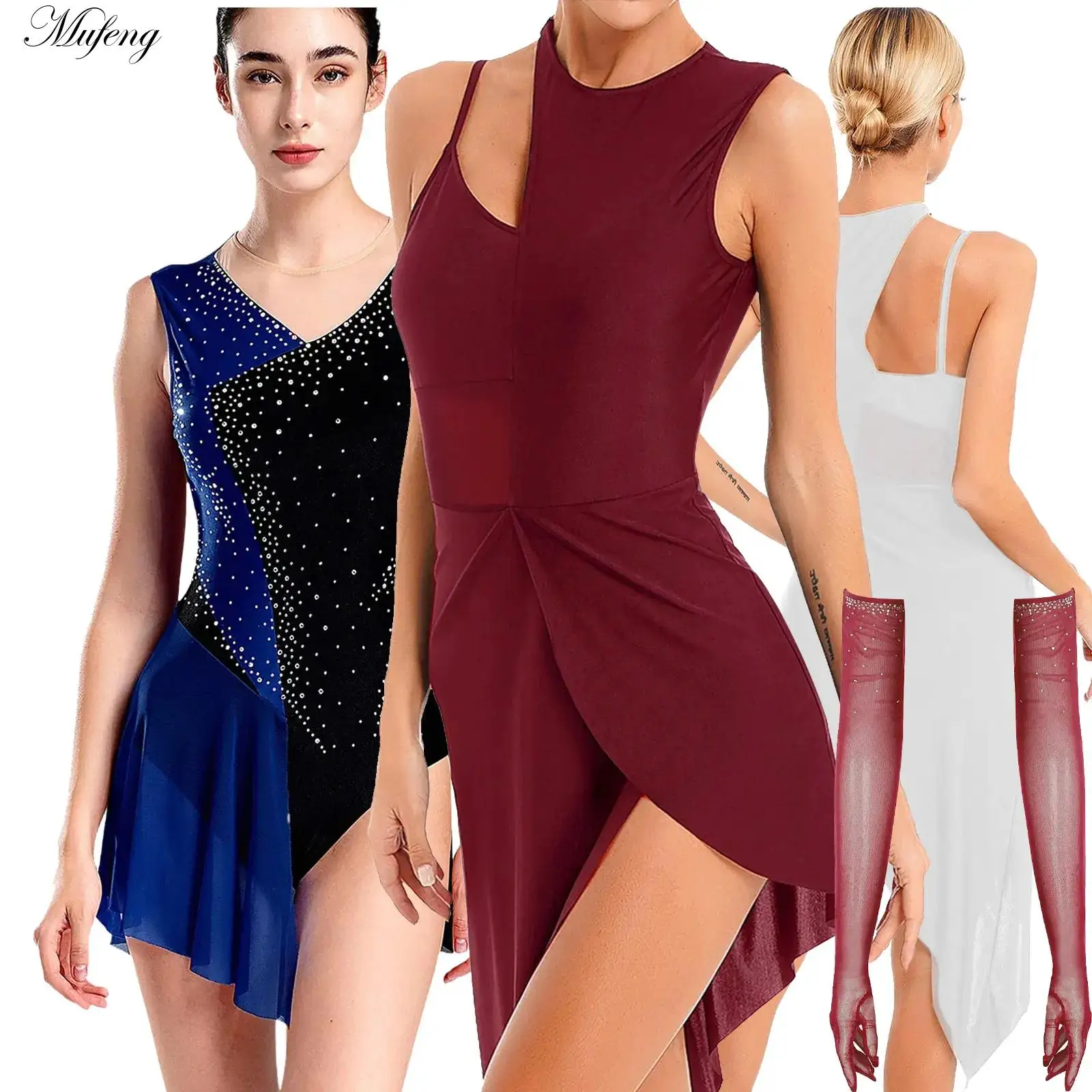 Women Glitter Rhinestones Lyrical Modern Dance Costume Glittery Rumba Latin Jazz Chacha Dancewear Dress with Long Gloves Outfits