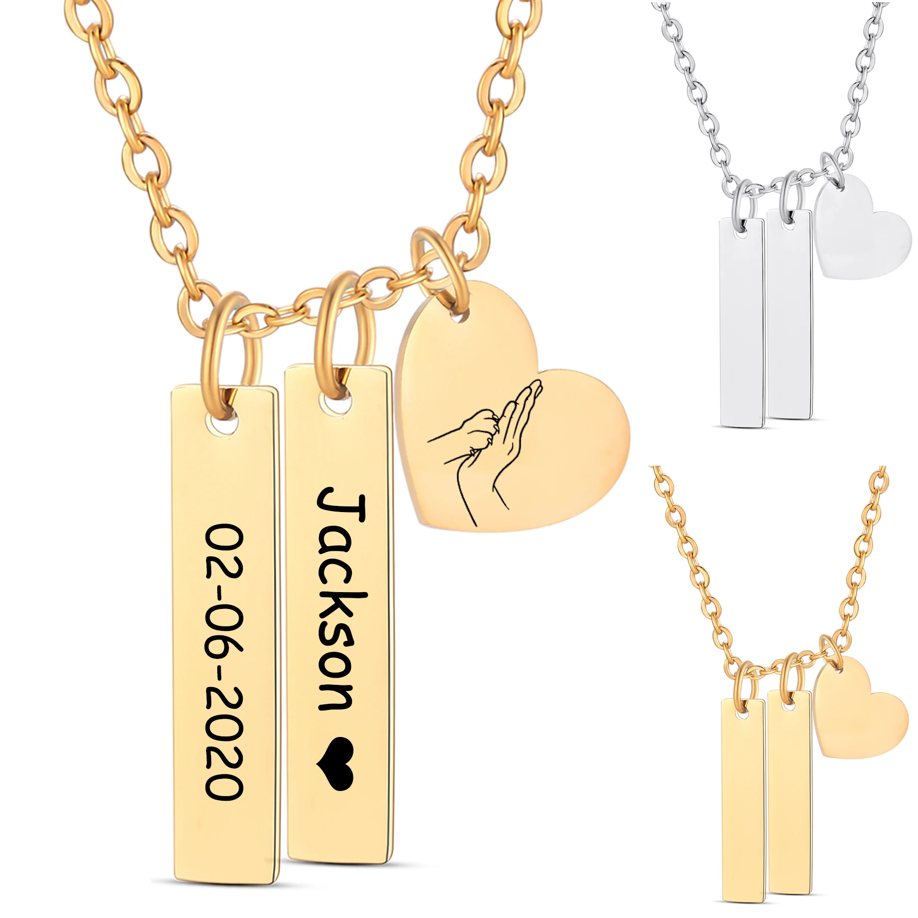 Stainless Steel Rectangle Heart Geometric Pendant Necklace For Women Personalized Engrave Name Text Jewelry Gift