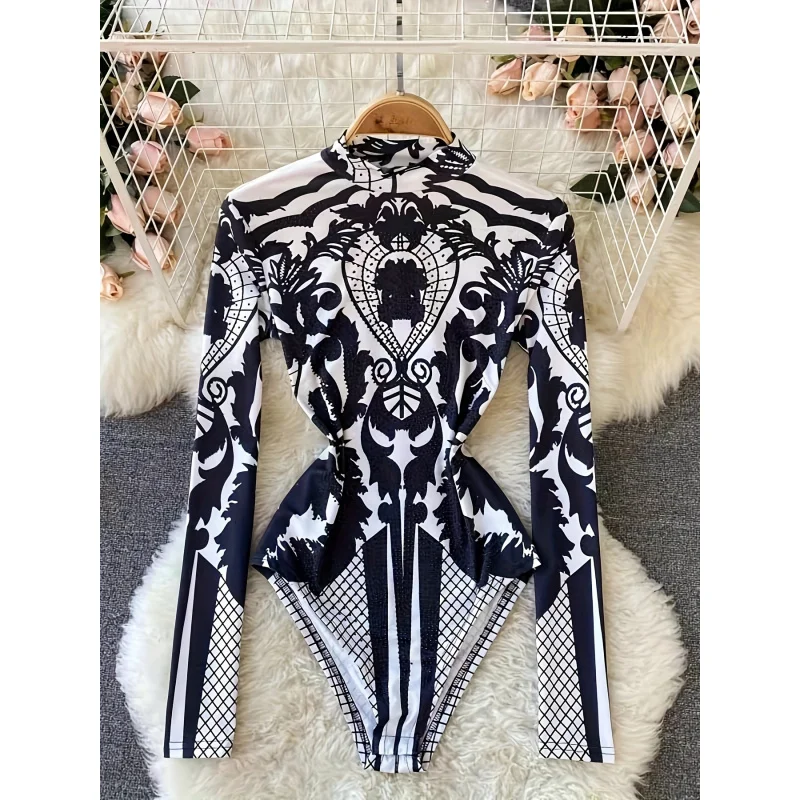 

Women'S Tropical Print Bodysuit with Rhinestone Detail - Slim Fit, Stand Collar, Long Sleeve, All-Season Versatile Jumpsuit
