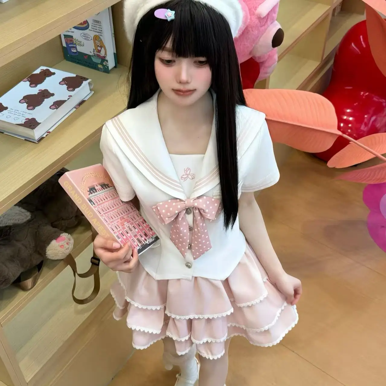 NONSAR Nieuwe 2025 Japanse Zoete Uniform Set Vrouwen Y2k Boog Sailor Kraag Korte Mouw Slanke Top Kawaii Roze Bladerdeeg Initial cake Rok