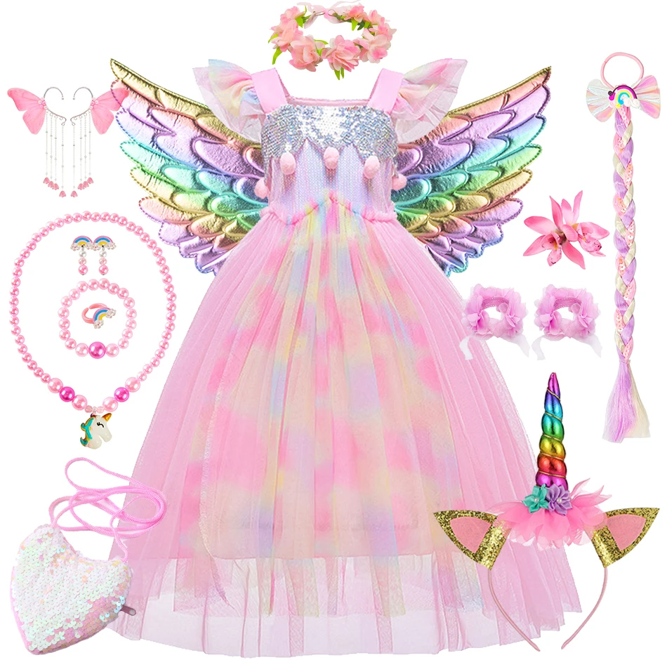 Unicorn Cosplay Princess Dress Girls Tulle Pink Frocks Carnival Halloween Birthday Masquerade Party Vestido Children Ball Gown