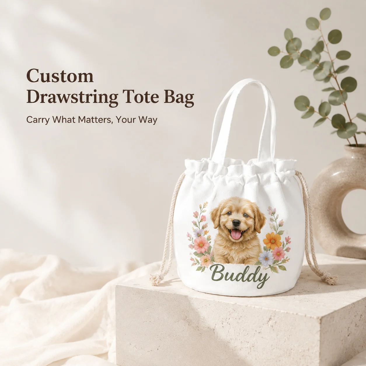Custom Aesthetic Drawstring Tote Bag Personalized Picture Handbag Trendy Bucket Bag for Women Girls Fashion Gift