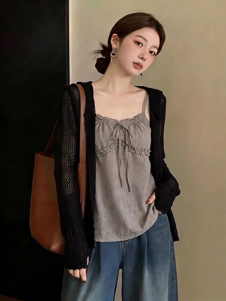 Cafe Au Lait Doll Shirt Strap Hollow out Sun Protection Outerwear Women's Summer New Large Size Fat MM Top Two-Piece Set
