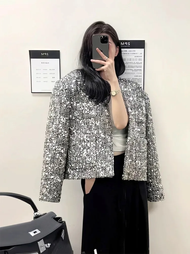 2025 New Designer Female Sequins Tweed Jackets Elegant Office Lady Fashion Work Short Coats Pocket Shiny Party Chic Outerwear