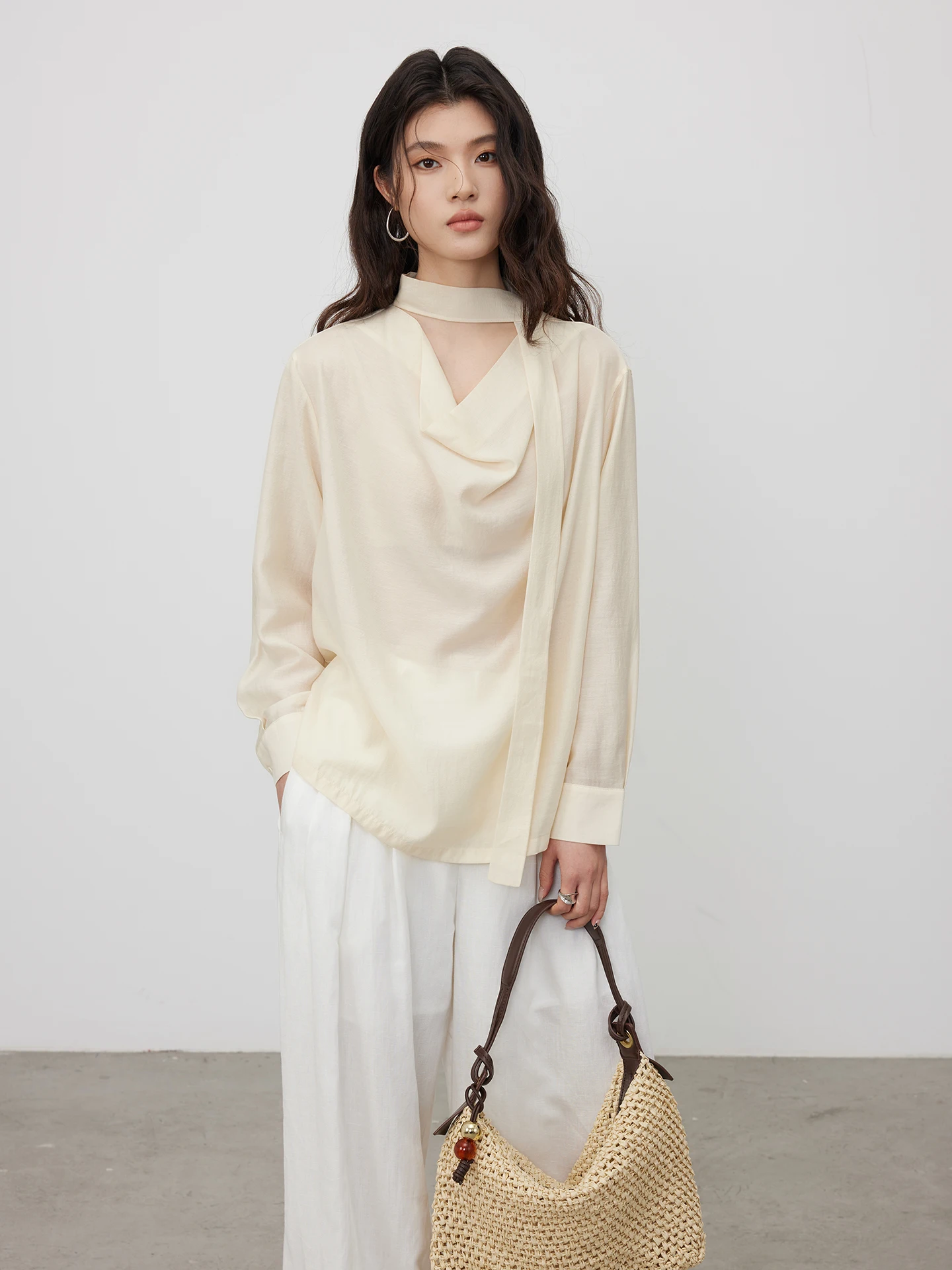 

KEARA Ele Long Sve irt Women's Spring Summer Design Sense Satin Polyester Draped Collar Sa Korean Loose Fit irt