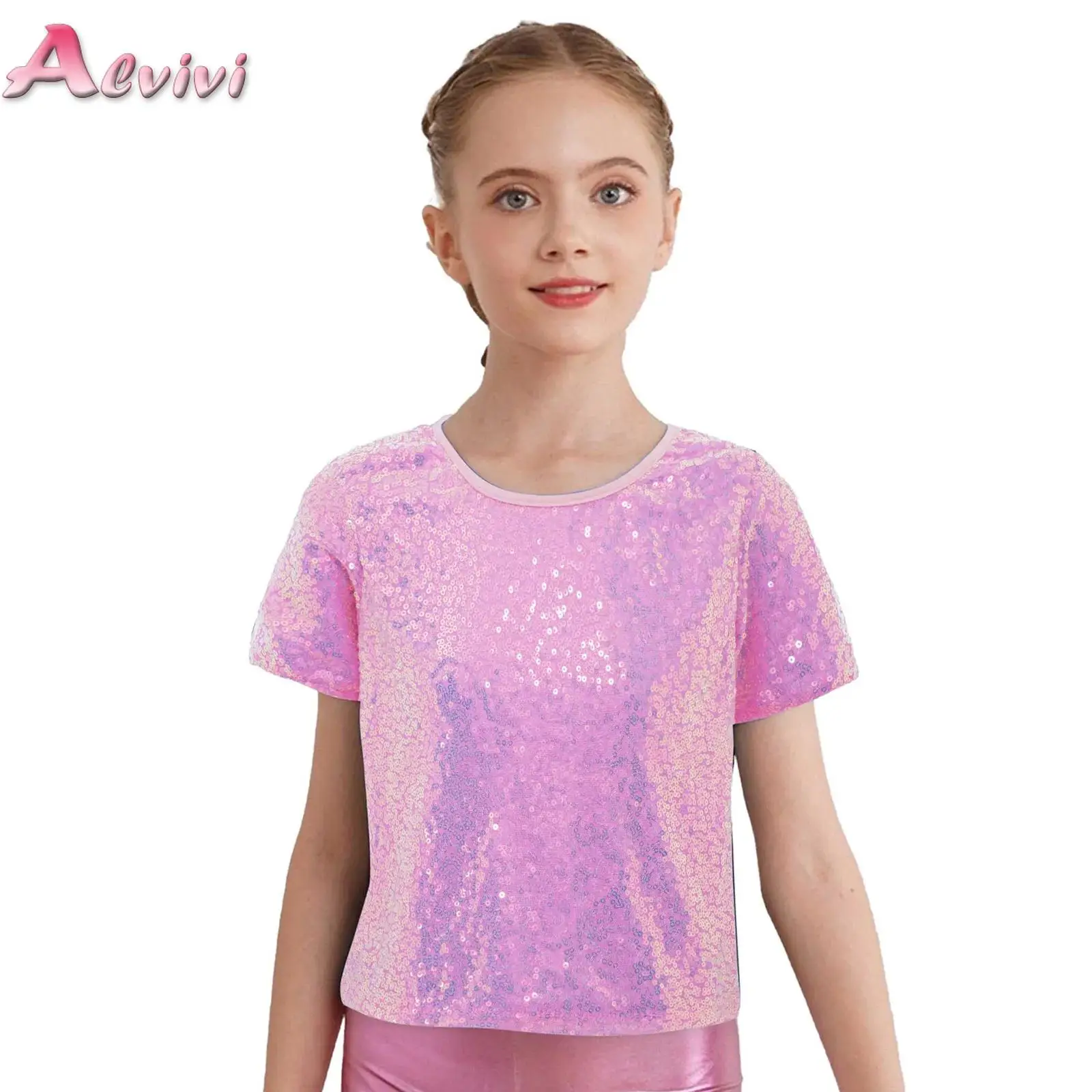 

Kids Boys Girls Shiny Sequins T-Shirt Tops Short Sleeves Modern Jazz Hip-hop Dance Costumes Stage Performance Party Dancewear