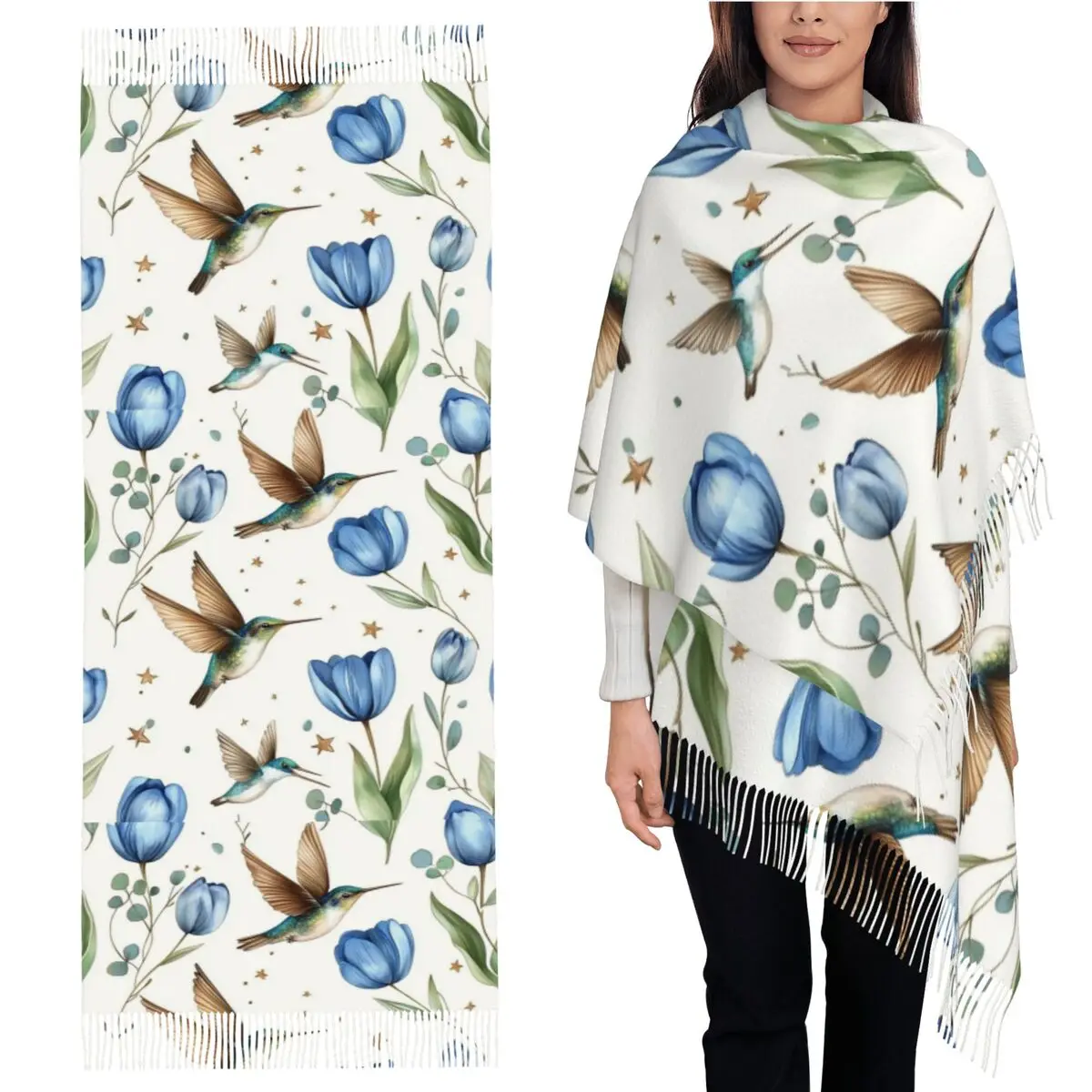 

Шарф с тюльпанами и колибри, шарфы с кисточками для женщин, мягкие теплые шали и накидки, большая осенне-зимняя шаль