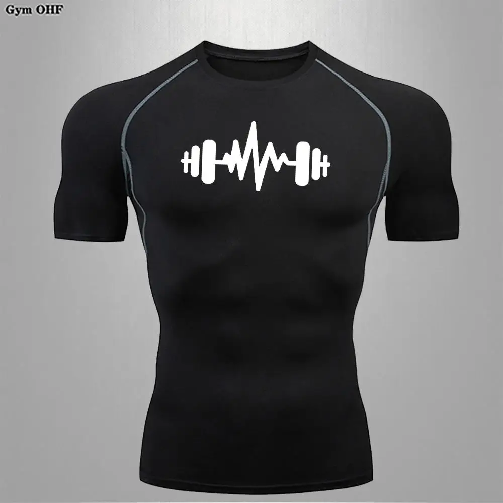 Men's Gym Workout Fitness Compression Shirts Men Print Rash Guard Short Sleeve Undershirts Baselayer Athletic Tshirt Tees Tops