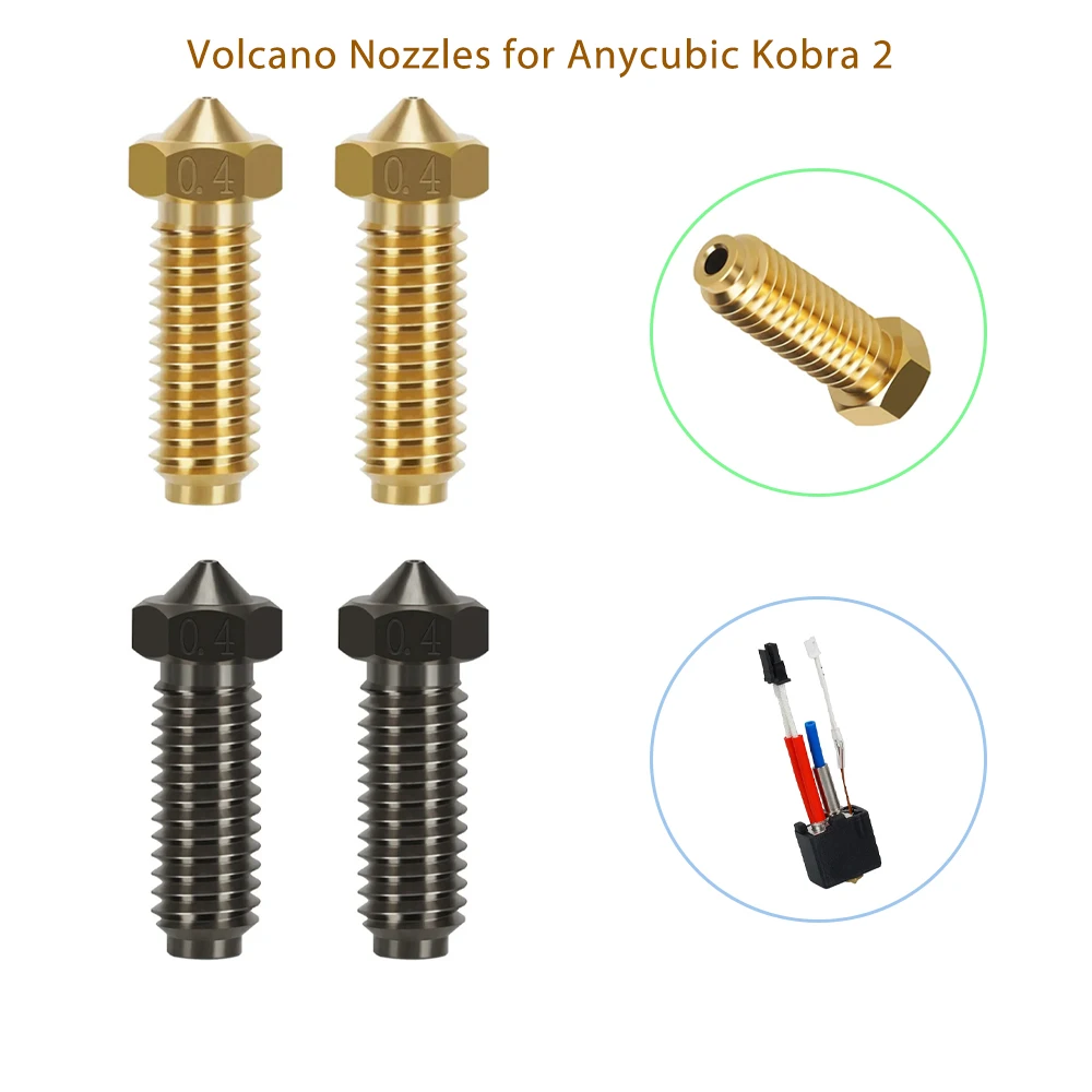 2pcs 3D Printer Parts Brass/Hardened Steel Volcano Nozzles for Anycubic Kobra 2 High Flow High Precision Nozzles 1.75Mm Filament