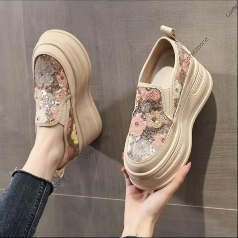 

Floral Sequin Slip‑On Platform Loafers Woman Round Toe Patchwork Wedge Sneakers Non‑Slip Thick Chunky Sole Casual Shoes Women