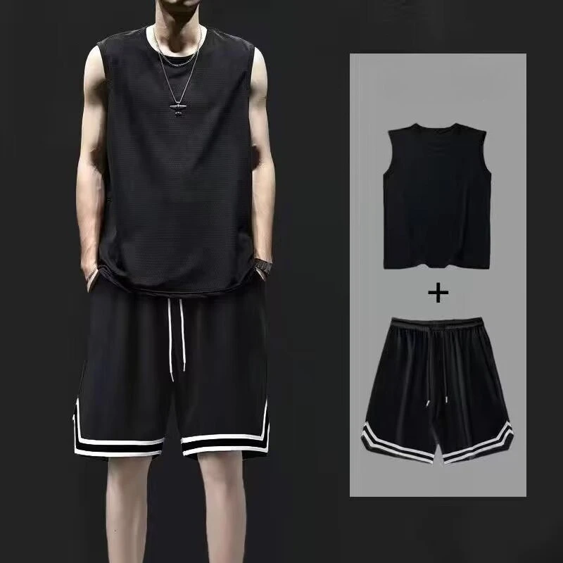 

Summer Mesh Vest Men's Shorts Set, Loose Shoulder, Oversized, Simple Sports Basketball Pants, Solid Color Two-piece Set