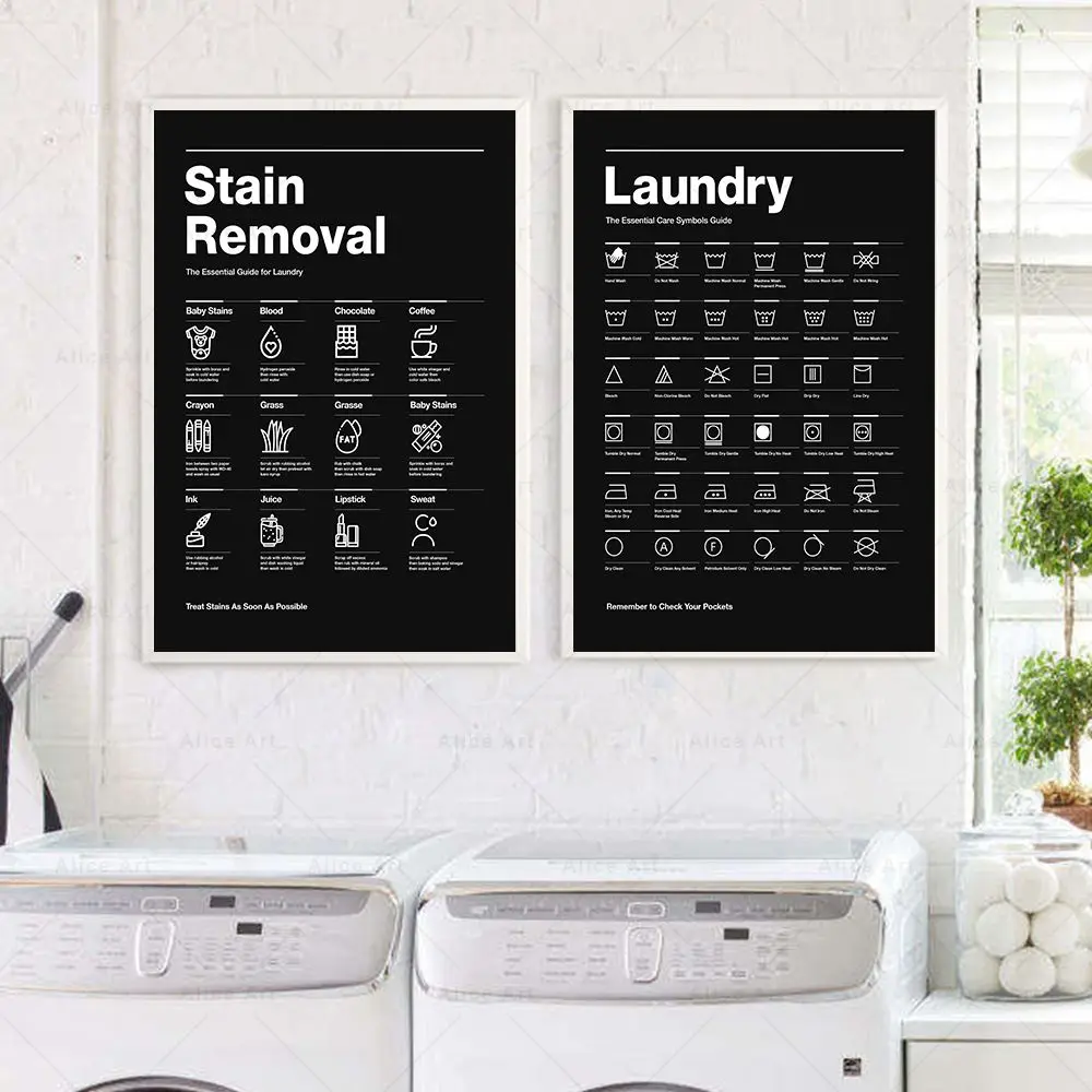 Stain Removal Laundry Guide Canvas Painting Laundry Symbol Sign Prints Black and White Poster Wall Art Pictures Bathroom Decor