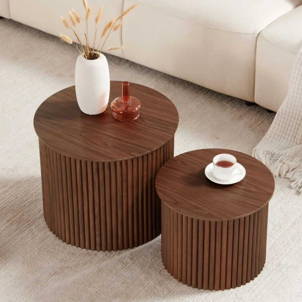

Fluted Round Nesting Coffee Table Set of 2, Mid Century Modern Coffee Table Circle Side Table, Wood Nesting Table Farmhouse End