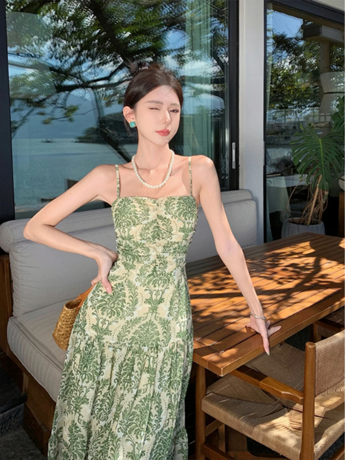 French sle Tea Break Floral Long dress Women Pure Desire Seaside Vacation High Sense Beach Skirt Sanya Tourism Sling Dress