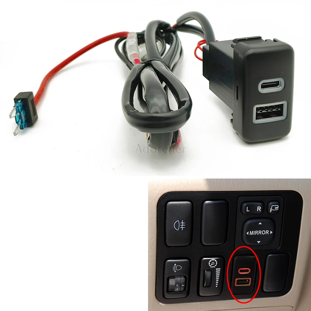 1Pc Car Charger QC3.0 PD Dual Quick Charging Socket Phone Charge Adapter Socket Suitable For Toyota Old LC120 FJ Prado Cruiser