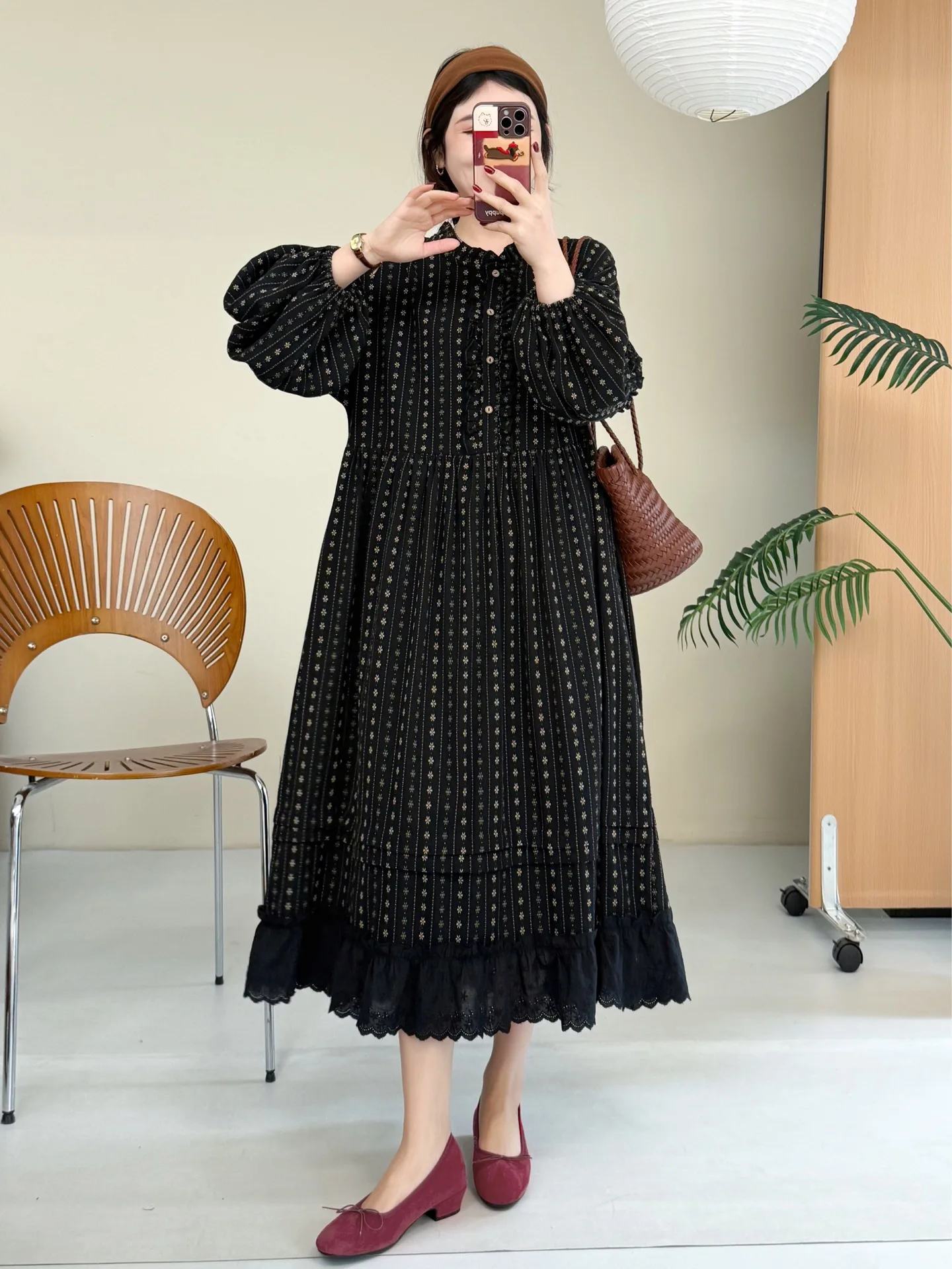

Spring 2026 Lace Collar Trimmed Loose Fit Pure Cotton Striped Long Dr Casual Sle A-Line Skirt for Teen Girls Overhead