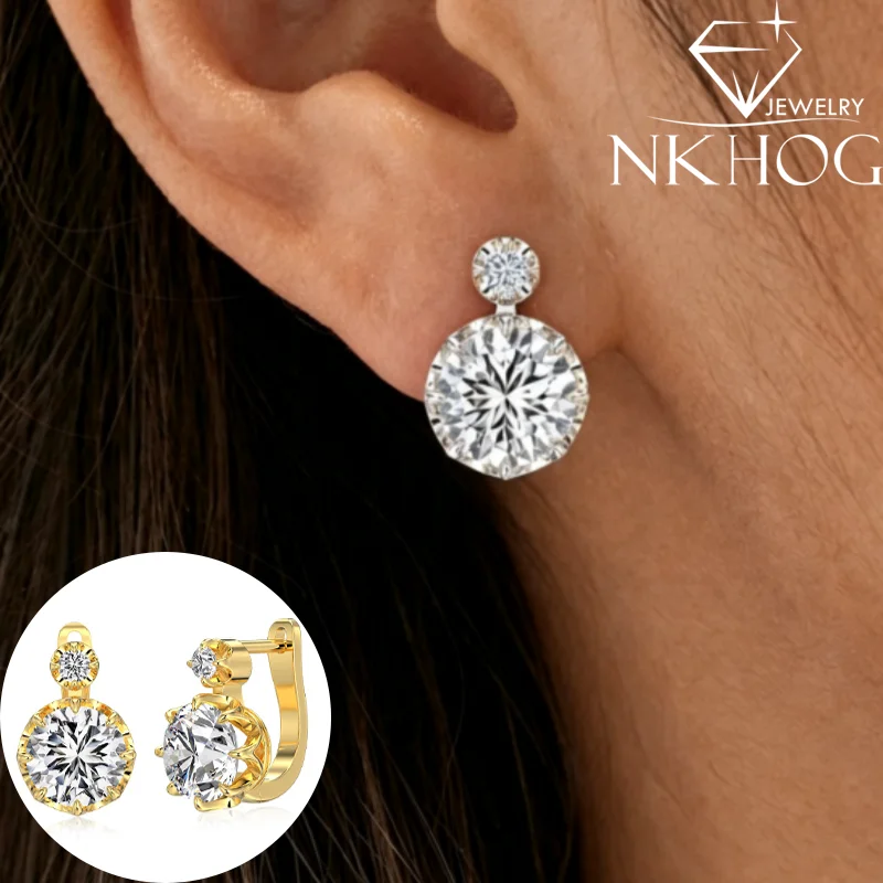S925 Sterling Silver Earrings 6.2cttw Round Prong Zircon Huggie Earring For Women Two Stone Drop Ear Buckles Fine Jewelry Gifts
