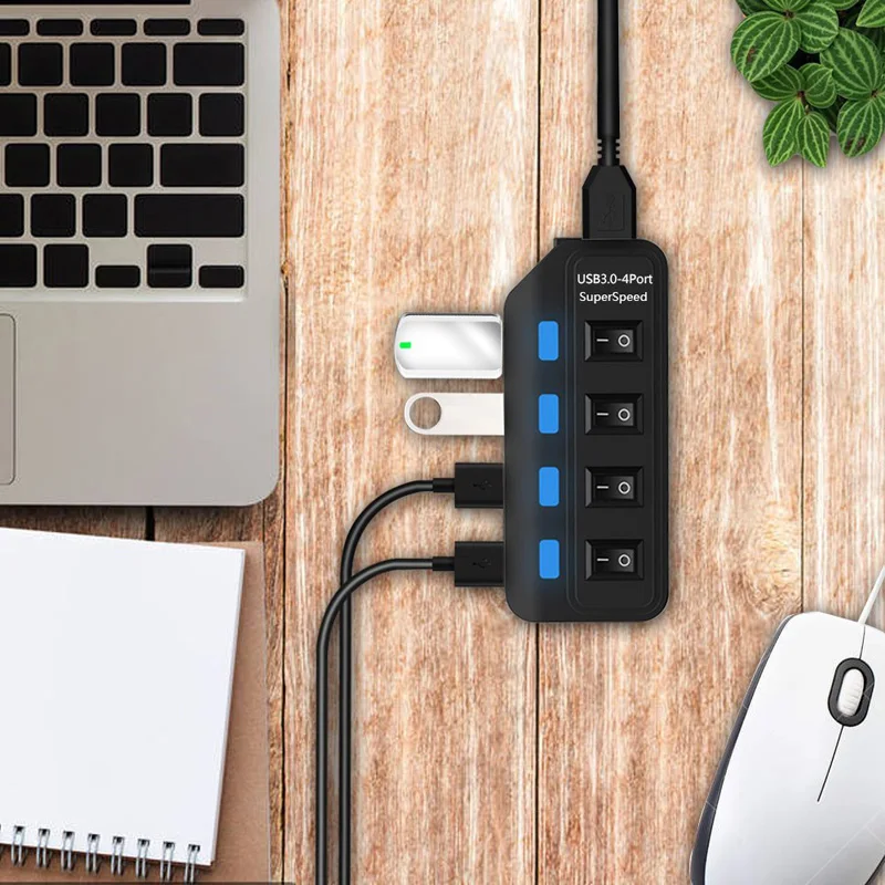 4 포트 USB 3.0 허브 5Gbps 고속 확장기 PC 컴퓨터 노트북 액세서리 용 LED 램프가있는 멀티 USB 분배기 어댑터