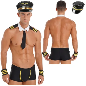 Men Halloween Captain Cosplay Costume Set Policeman Airplane Officier Unifrom Theme Party Roleplay Outfit Hot Evening Night Club