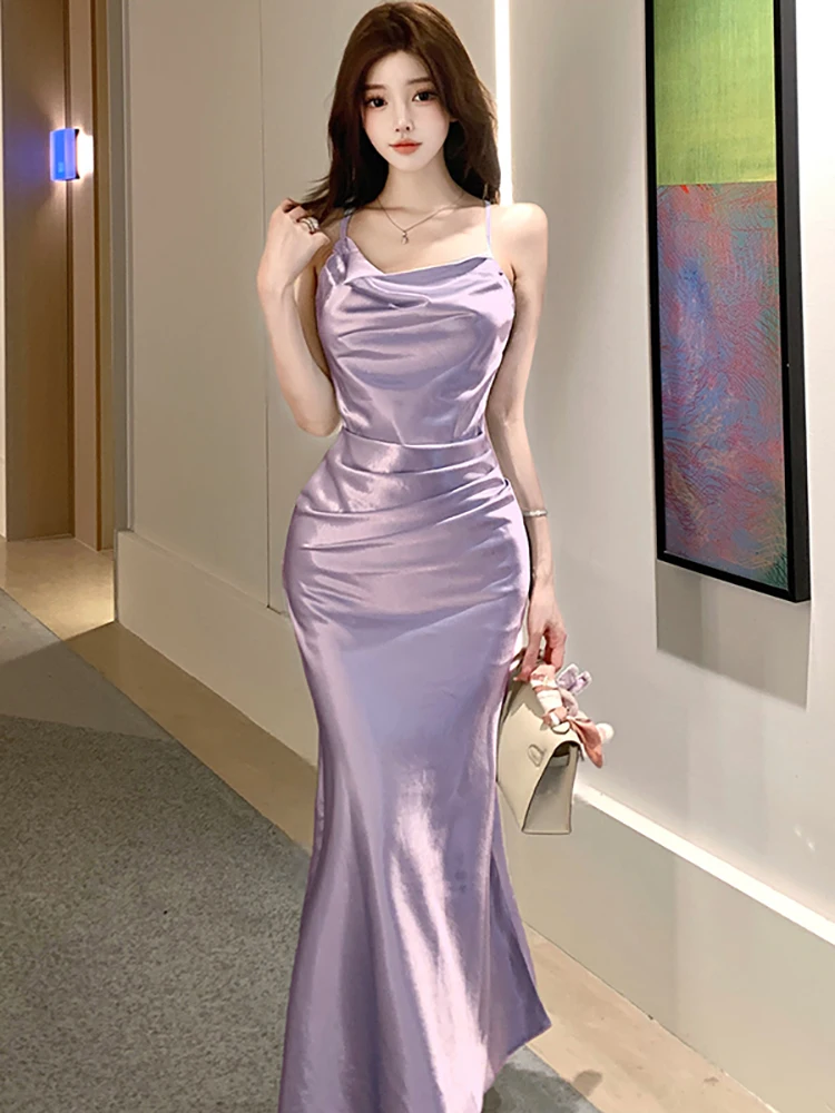 2025 ブルーサテン バックレス セクシー スリングドレス 春秋 エレガント ラグジュアリー イブニングドレス ガウン レディース 韓国ファッション ボディコン ワンピース