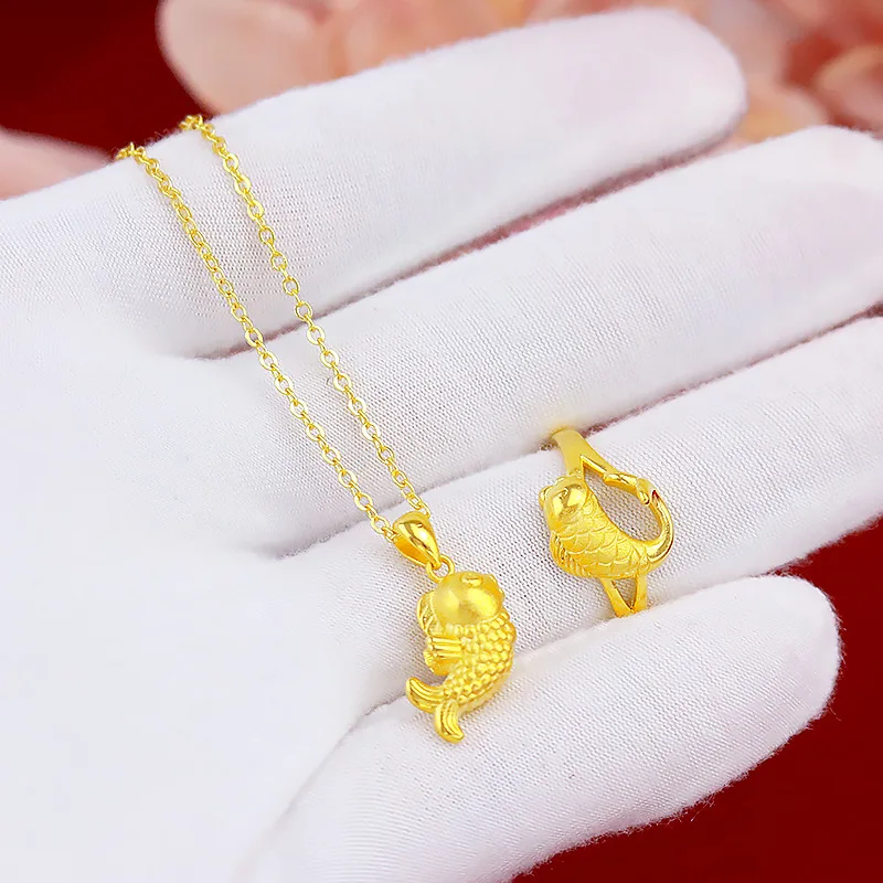 Korean Real 24K Gold Necklace Pendant for Women Gold Jewelry Lucky Fish Pendant Chain Necklace Choker Anniversary Birthday Gifts