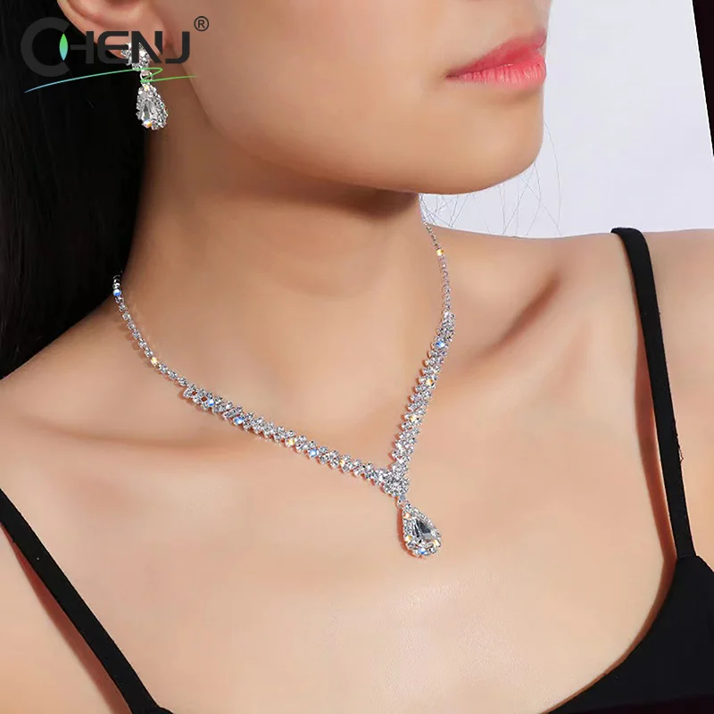 1 مجموعة بسيطة موضة قطرة الماء كريستال الراين قلادة طقم أقراط للنساء الزفاف العروس مجموعات مجوهرات اكسسوارات #3