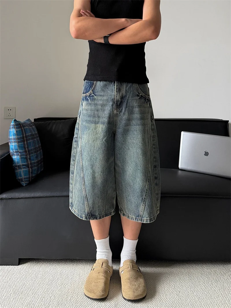 Retro American Washed Denim Wide Leg Jeans Men Summer Loose Student Seven-Foot Pants Casual Low Waist Zipper Cotton Blend