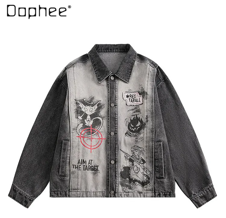 

Spring Autumn New Arrival Men's American Streetwear Black Gray Character Print Loose Casual Denim Jacket for Daily Wear
