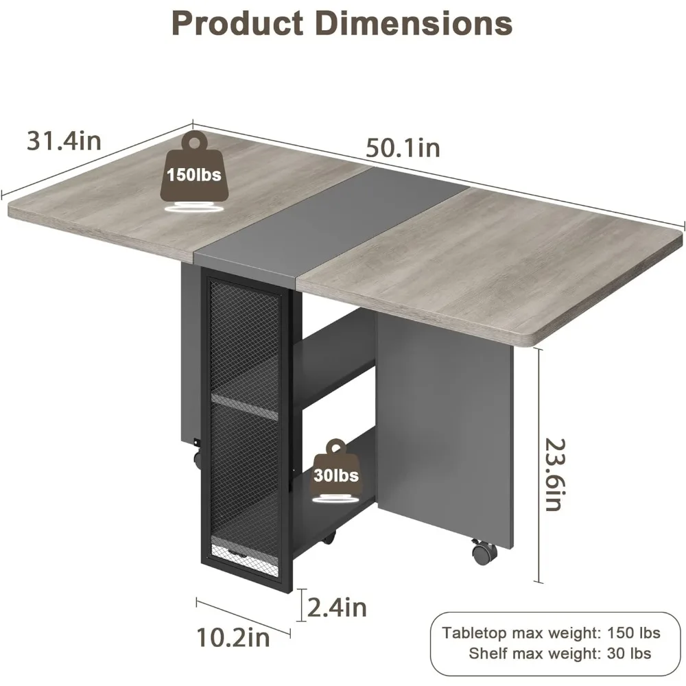 Folding Dining Table with 6 Wheels and 2-Layer Storage Shelf, Space Saving Expandable Dining Table for Dining/Kitchen Room