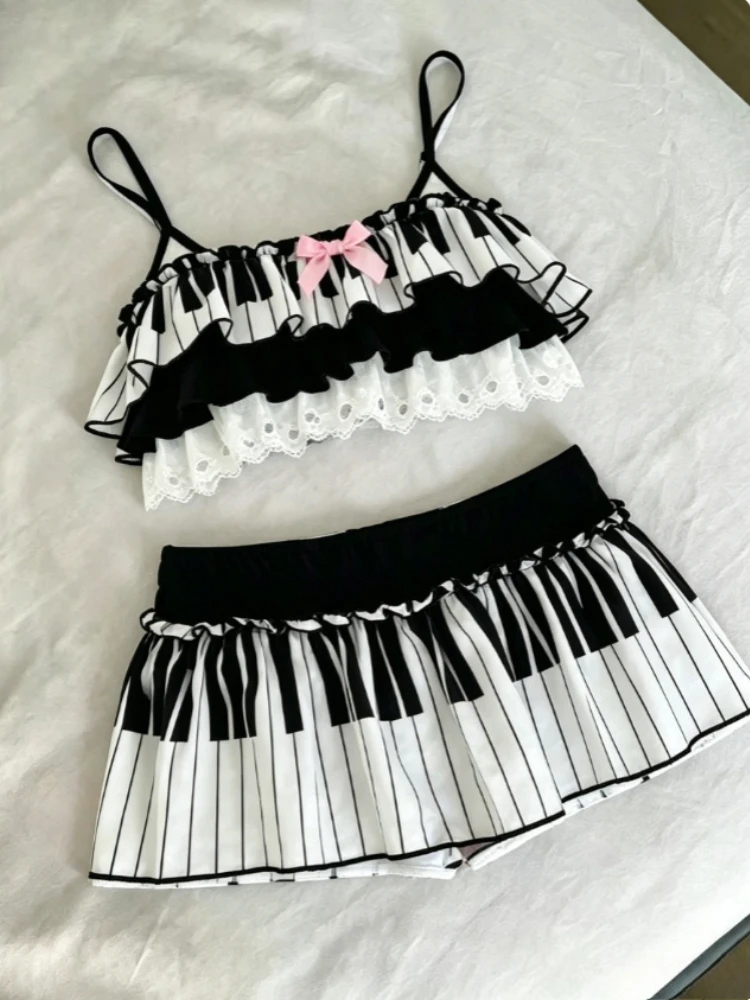 Halter Printed Bikini Soft Frill Two Piece Swim Outfit Kawaii Harajuku Women Summer Daily Seaside Beach Casual Bathing Suit