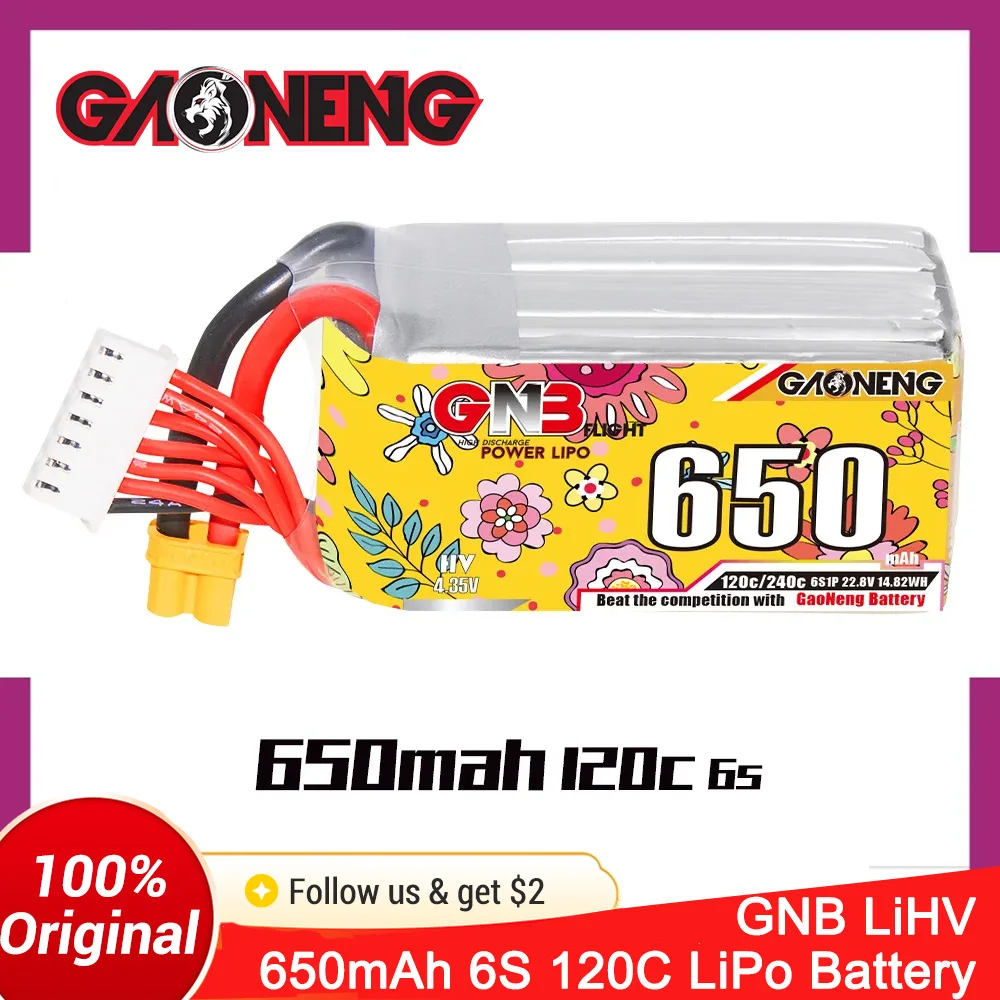GAONENG 6S 650mAh LiHV 22.8V 120C XT30 HV LiPo Battery for 2 to 2.5 inch FPV Brushless Drones Racing Freestyle Cinewhoop