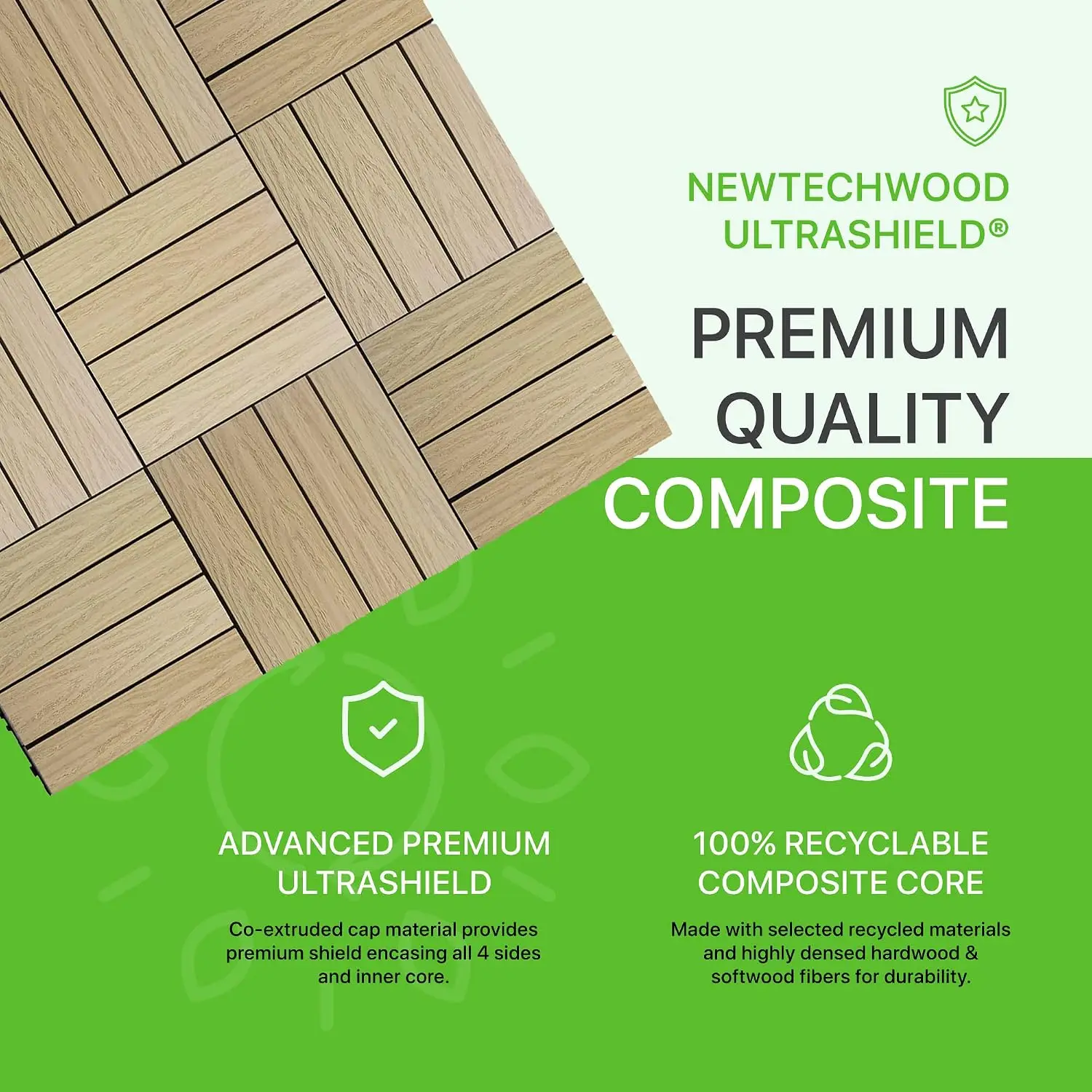 Quick Deck interlocking design includes 10 pieces per box with 10 sq. ft. coverage of flooring space, Customized